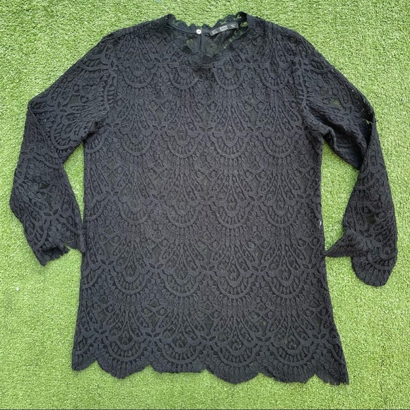 Zara lace top long sleeve black Preowned size large on trend brunch casual - Picture 1 of 4